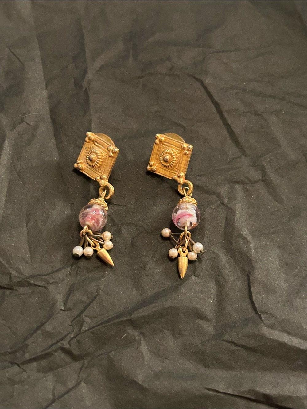 Gold-Tone Pink Bead Dangle Earrings